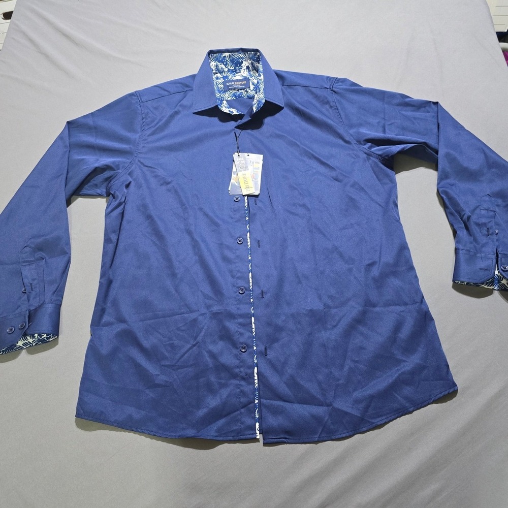 Suslo Couture Button Down Shirt Mens XL Navy Blue Tropical Floral Trim Stretch